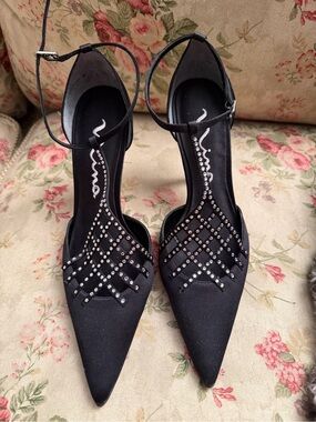 Nina Black Pointed-Toe Ankle-Strap Heels with Crystal Accents